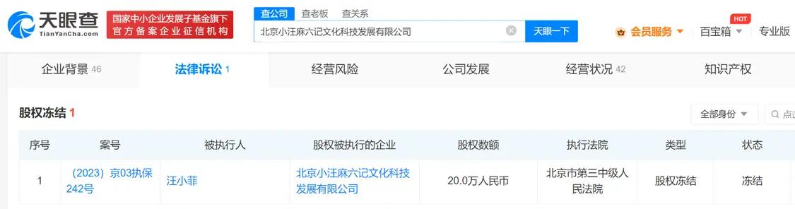 汪小菲被强制执行748万 另有三家公司股权被冻结