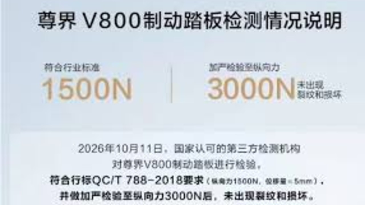 尊界V800公布制动踏板第三方检测结果
